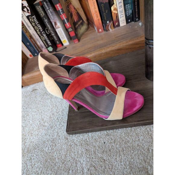 Joan Oloff Women's 38.5 US 8.5 Pink Red Peep Open Toe Pumps Heels Leather Italy - Picture 4 of 6